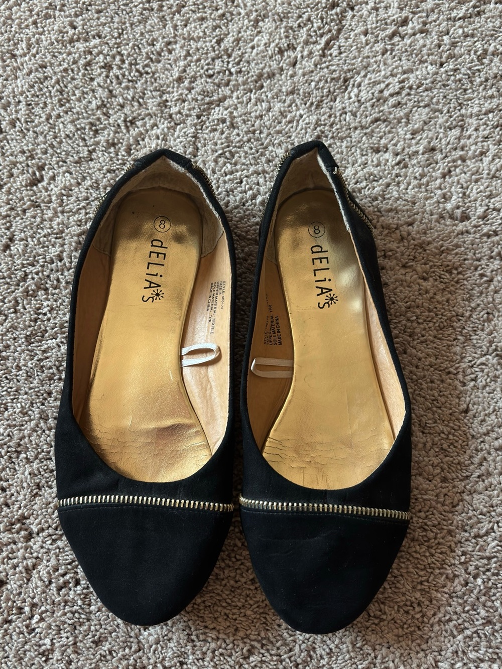 dELiA*s Black Ballet Flats with Gold Zip Accent